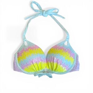 Y2K Victoria’s Secret Pastel Sequins Bling Bikini Top Push Up Halter Swim 32C